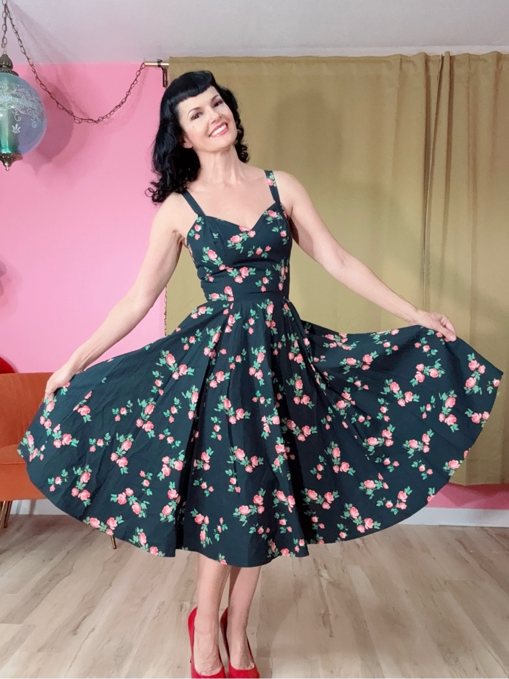 Bernie Dexter Black Floral Fit-and-Flare Midi Dress with Pink Roses